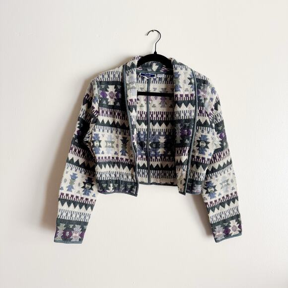 Vintage Riva Green + Tan Southwestern Cropped Open Front Tapestry Jacket - L - Picture 1 of 5